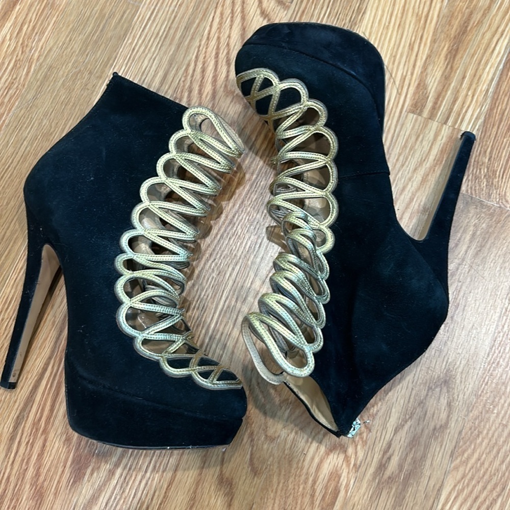 Charlotte Olympia Zena Black And Gold Suede Stiletto  Bootie Size 37 women’s - Picture 3 of 14